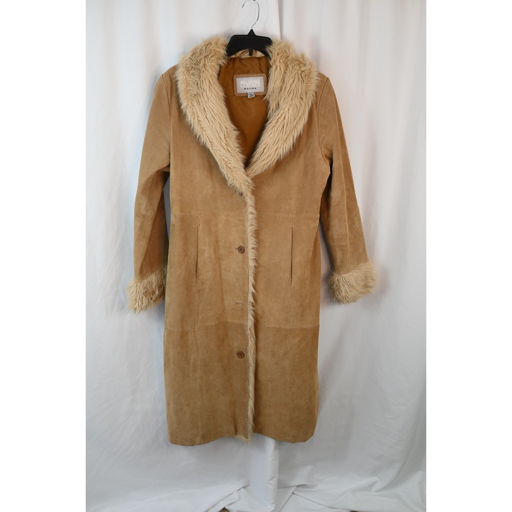 Wilsons Leather Maxima Tan Leather Penny Lane Long Trench Coat Womens Large